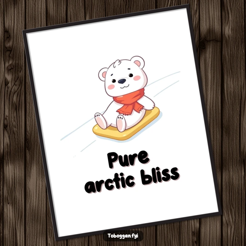 Funny Polar Bear Poster: A cheerful polar bear cub in a small scarf slides down an icy slope, creating a heartwarming and humorous arctic scene.