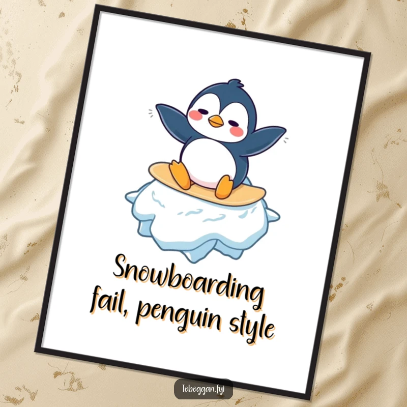 Funny Penguin Poster: A confused penguin character is depicted trying to surf on a large snowflake, creating a comical and charming arctic scene.
