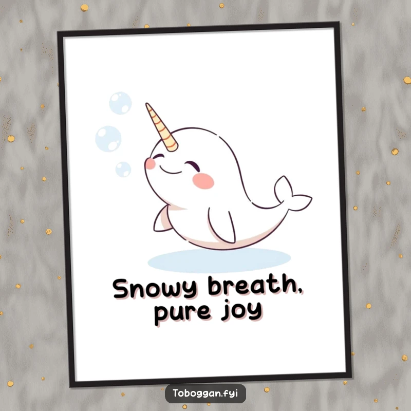 Funny narwhal poster displaying a giggling character comically blowing snow bubbles, adding whimsical humor to any wall.