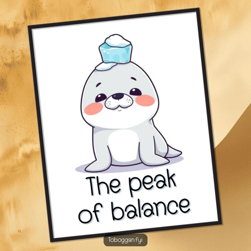 Funny Seal Poster: A mischievous seal character is depicted balancing a stack of icicles on its nose, creating a comical and charming arctic scene.