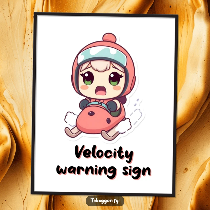 Funny poster art of a character looking shocked on a sled speeding downhill, capturing hilarious winter action.