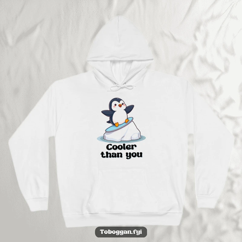 Funny playful penguin surfing on an iceberg on a cozy hoodie, perfect for warm and humorous winter wear.