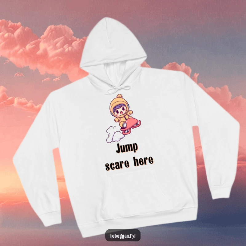 Funny hoodie illustration of a character looking shocked as their sled crests a bump and flies through the air, capturing a surprising winter moment.