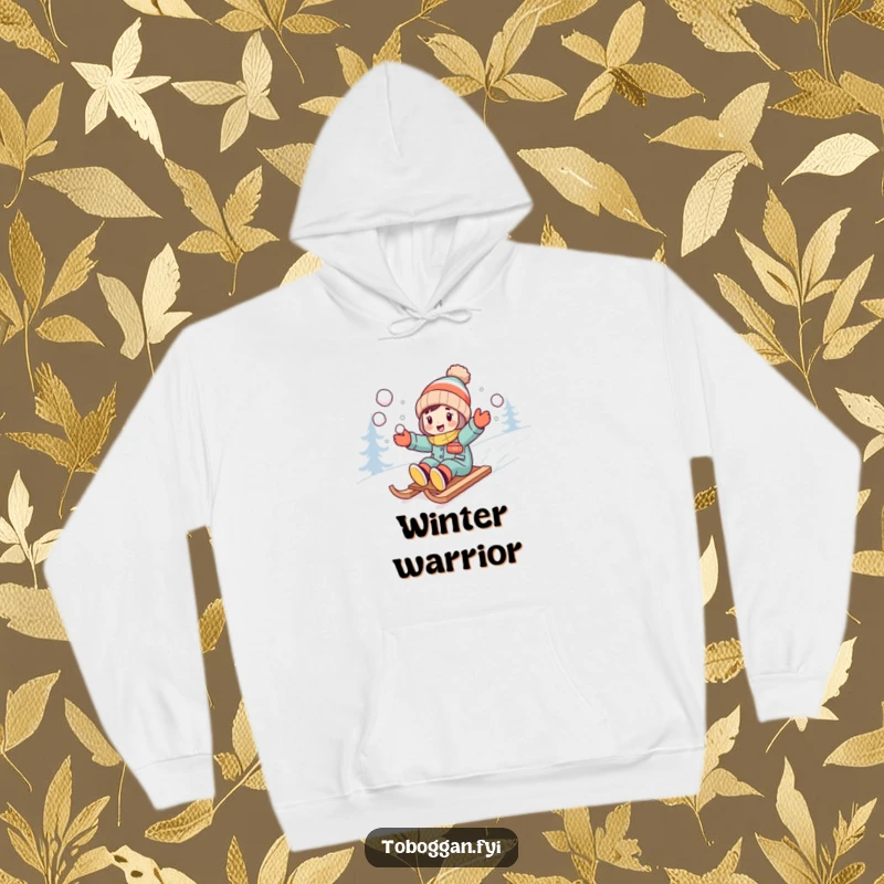 Funny character excitedly throwing snowballs while sledding downhill on a cozy hoodie.
