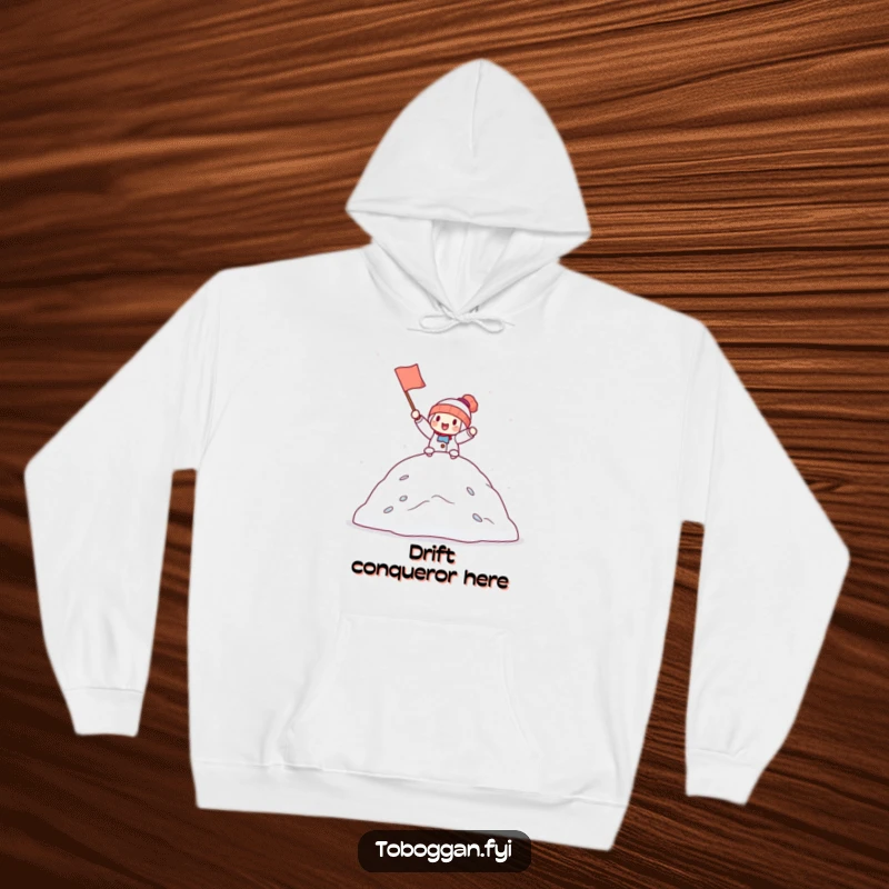 Funny hoodie illustration of a character proudly holding a tiny flag and cheering from the peak of a snowdrift, symbolizing joy and success.