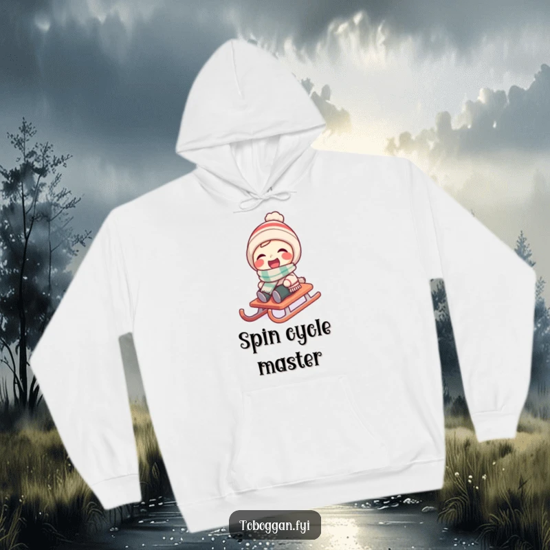 Funny character in a tiny scarf laughing as their sled spins on a cozy hoodie.