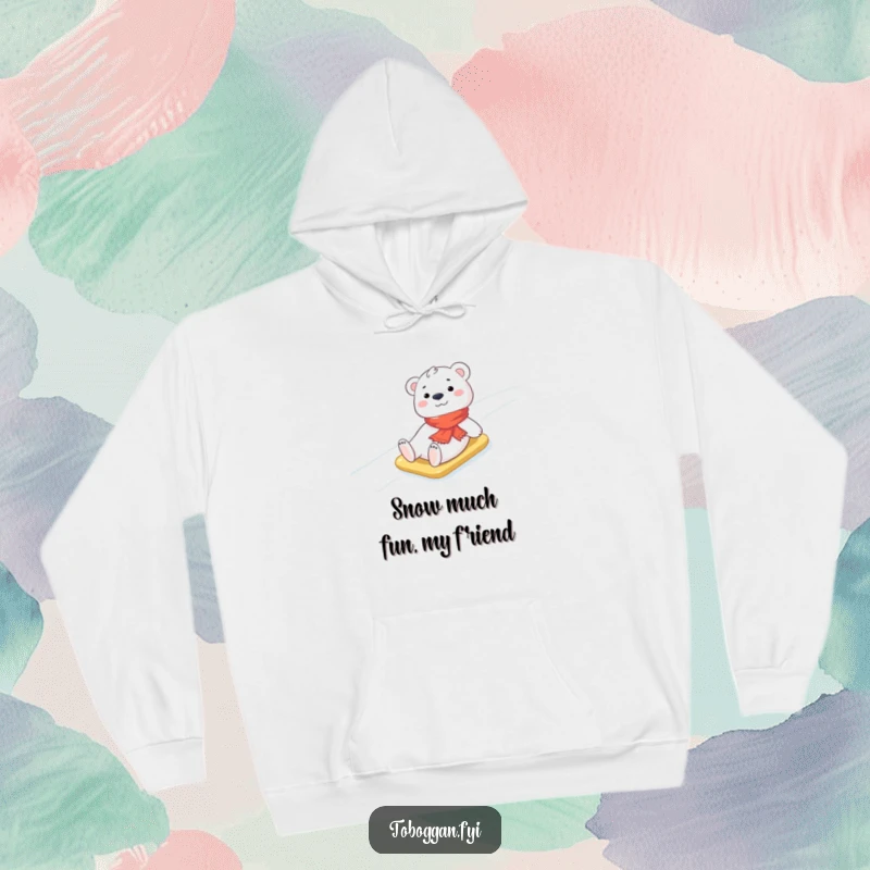 Funny Polar Bear Hoodie: A cheerful polar bear cub wearing a small scarf is depicted sliding down an icy slope, exuding winter happiness.
