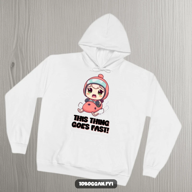 Funny hoodie depicting a character's surprised expression on a fast-moving sled, offering cozy humor for winter.