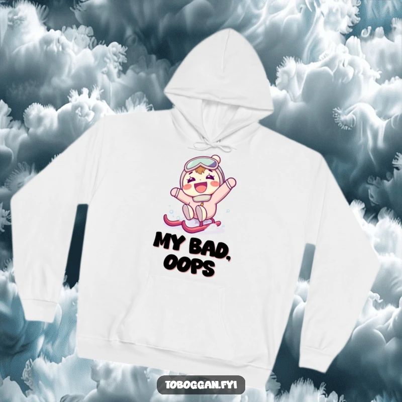 Funny hoodie illustration of a character gleefully falling backward off a sled in surprise, capturing a moment of pure winter amusement.