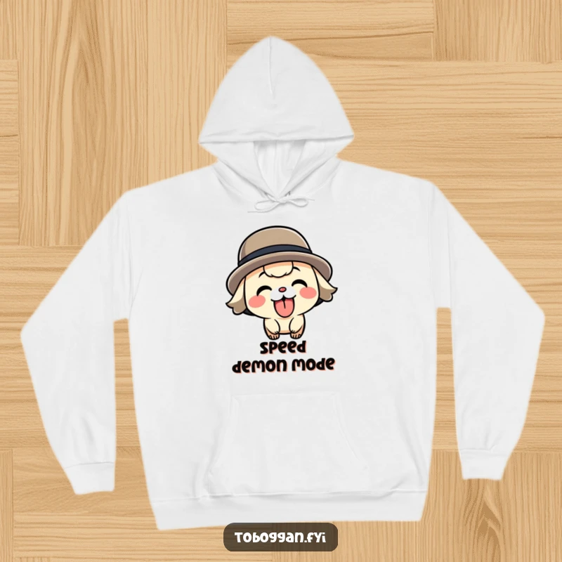 Funny speeding character hoodie, comfortable apparel with a playful character sticking its tongue out while speeding.