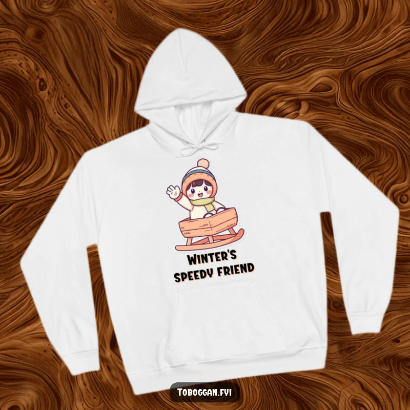 Funny waving toboggan hoodie, comfortable apparel with a cheerful character waving from the back of a toboggan.