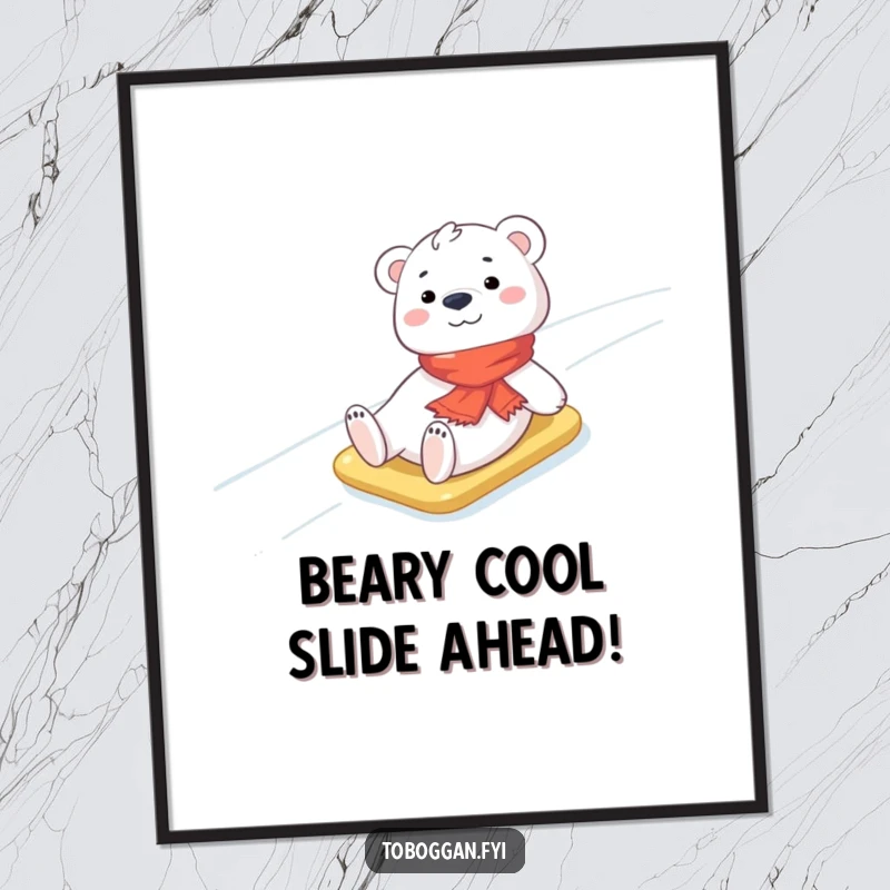Funny Free Printable Wall Art: A cheerful polar bear cub in a scarf slides down an icy slope, cute downloadable art.