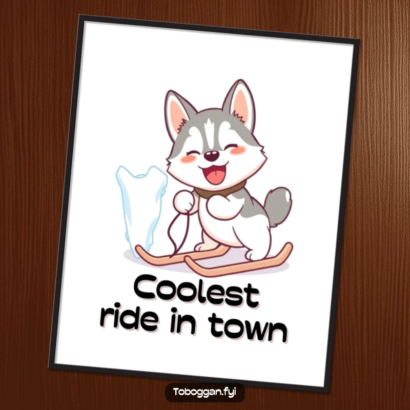 Funny Free Printable Wall Art: Happy Husky Comically Attempting to Pull a Giant Icicle