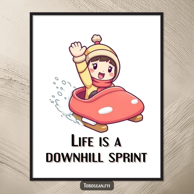Funny Free Printable Wall Art depicting a character gleefully speeding downhill on a toboggan, full of energy.