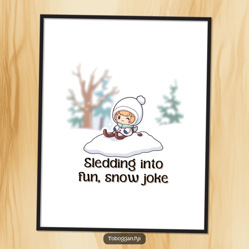 Funny Free Printable Wall Art: A character surprises by popping out from a pile of snow on a sled, adding winter whimsy.