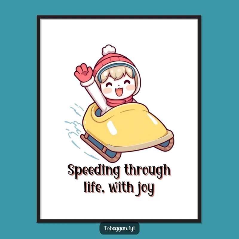 Free Printable Wall Art: Waving Toboggan Character - High-Speed Winter Downloadable Art