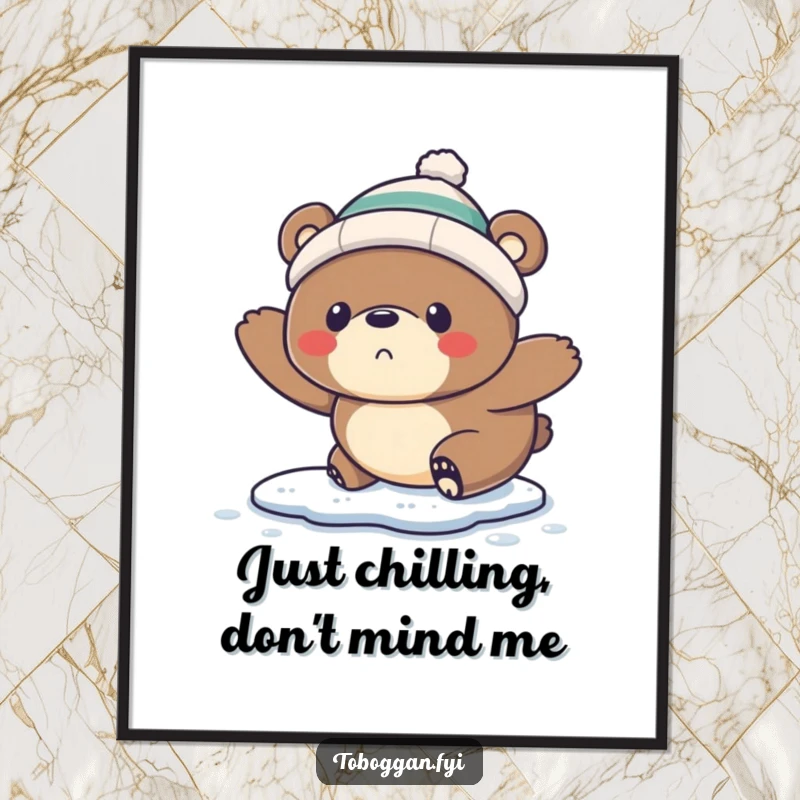Funny Free Printable Wall Art: Startled bear wearing a tiny toque comically slips on a patch of ice.