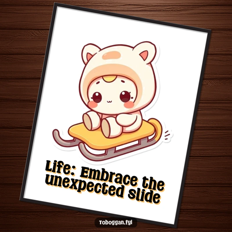 Funny free printable wall art of a character sliding sideways on a sled with a distorted, comical expression, adding humor to decor.