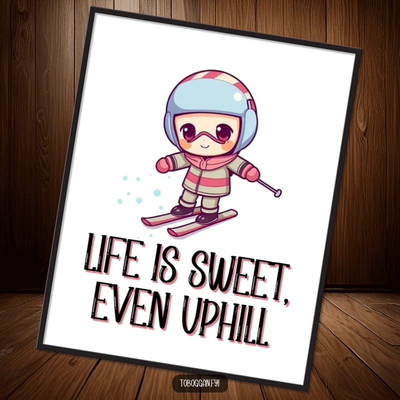 Funny Free Printable Wall Art: A determined candy cane character comically skiing uphill, adding a humorous and motivational vibe.