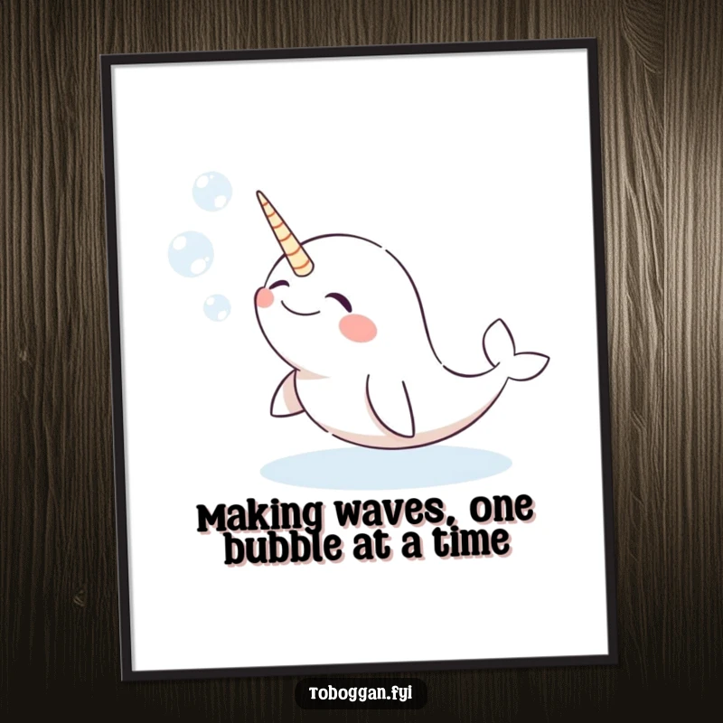 Funny Free Printable Wall Art: A giggling narwhal comically blowing large snow bubbles, creating a hilarious and charming winter scene.