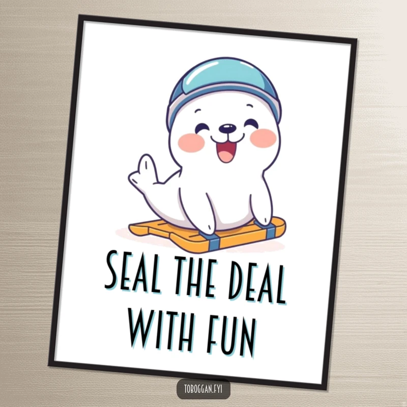 Funny Free Printable Seal Sliding Wall Art: A delighted seal wearing a helmet joyfully tries to slide downhill.