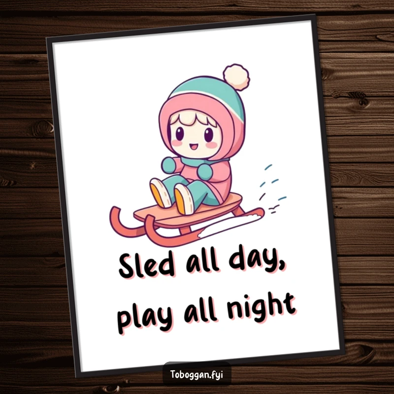 Funny Free Printable Wall Art: A character caught in a joyful, dynamic spin on a sled, bringing winter fun indoors.