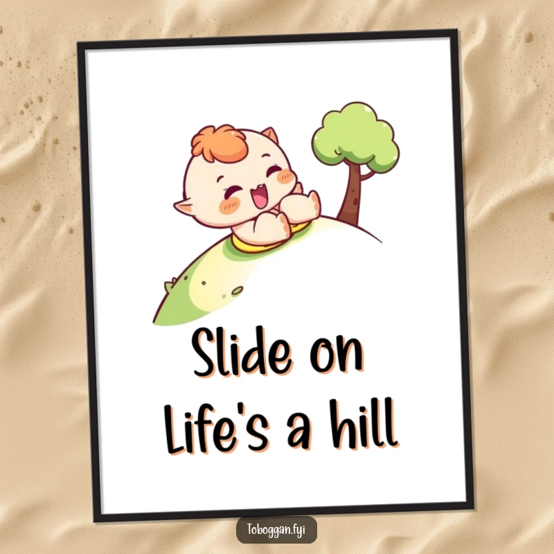 Funny free printable wall art of a character sliding downhill on a sled, delivering a mischievous wink, full of playful energy.