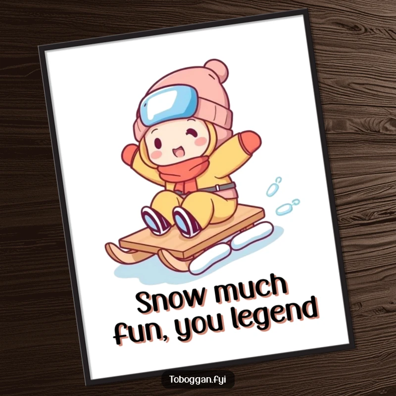 Funny Free Printable Wall Art: Character performing an absurdly clumsy trick on a toboggan, tumbling with joy.