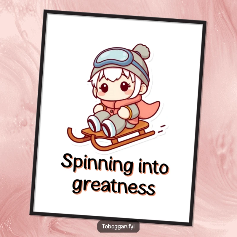 Funny Free Printable Wall Art: Character with a googly-eyed, comical expression sliding sideways on a sled, snow flying.