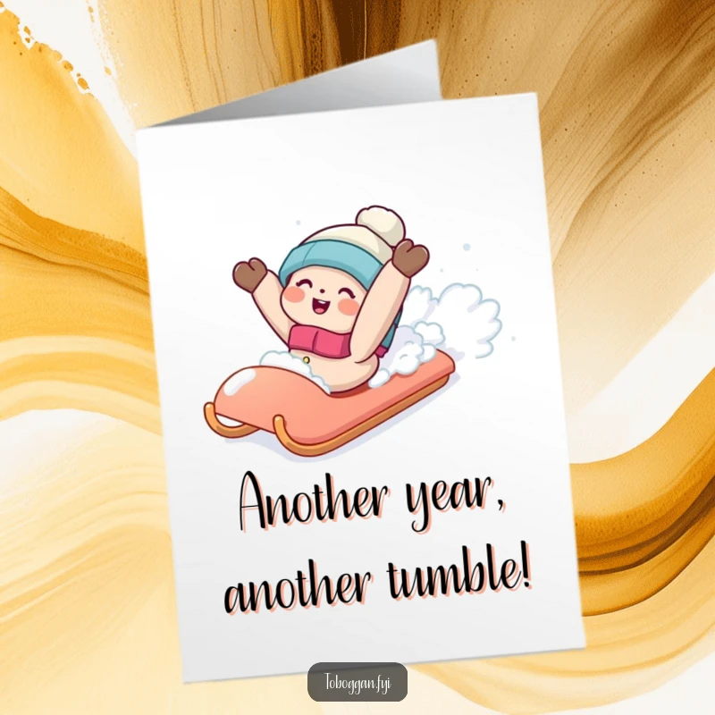 Funny Free Printable Birthday Card: Happy character falling backwards into soft snow from a sled, a comical birthday moment.