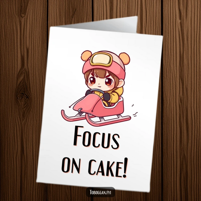 Funny free printable birthday card showing a character steering a sled with exaggerated concentration and a determined look.