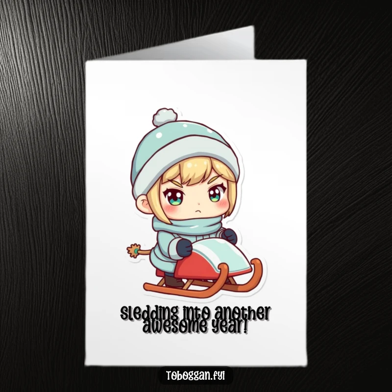 Funny Free Printable Birthday Card of a character with a determined expression, confidently holding a sled, ready for a downhill adventure.