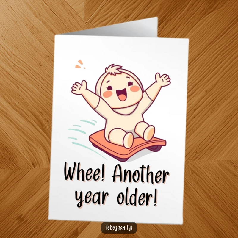 Funny Free Printable Birthday Card featuring a cute character joyfully sliding down a slope, cheering wildly, a perfect DIY gift.