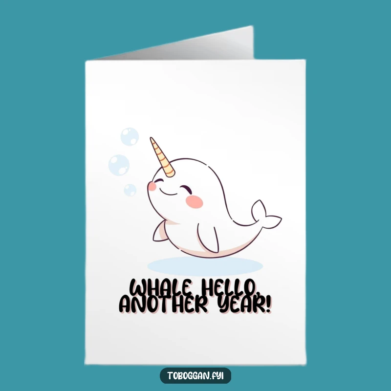 Free Printable Birthday Card: Giggling Narwhal Blowing Snow Bubbles - Funny Downloadable Gift