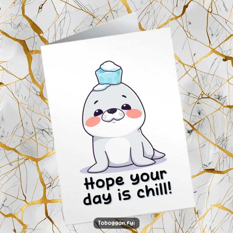 Funny Free Printable Birthday Card: Mischievous seal attempts to balance icicles on its nose, a comical downloadable gift.