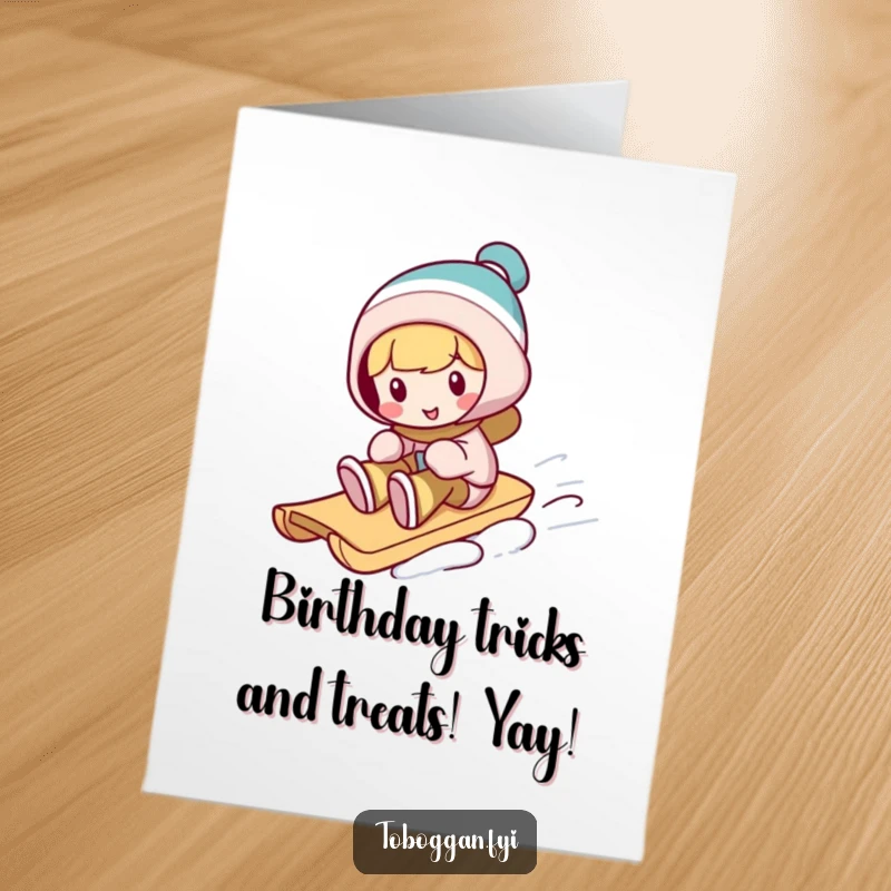 Funny Free Printable Birthday Card: A character executes a hilarious silly trick while riding a toboggan, celebrating joyfully.