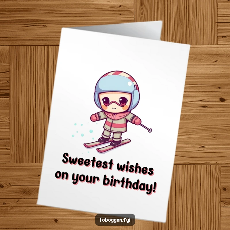 Funny Free Printable Birthday Card: Determined candy cane character hilariously attempting to ski uphill, a symbol of effort and humor.