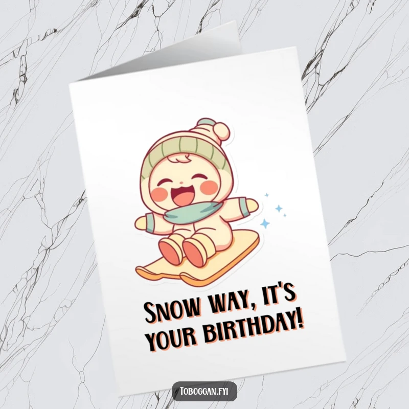 Funny Free Printable Birthday Card: Character gleefully sliding downhill on snow, laughing with pure joy. A hilarious downloadable greeting.