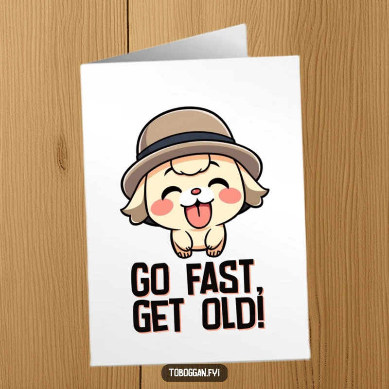 Funny Free Printable Birthday Card: A character playfully sticking its tongue out while zooming fast, full of birthday energy.