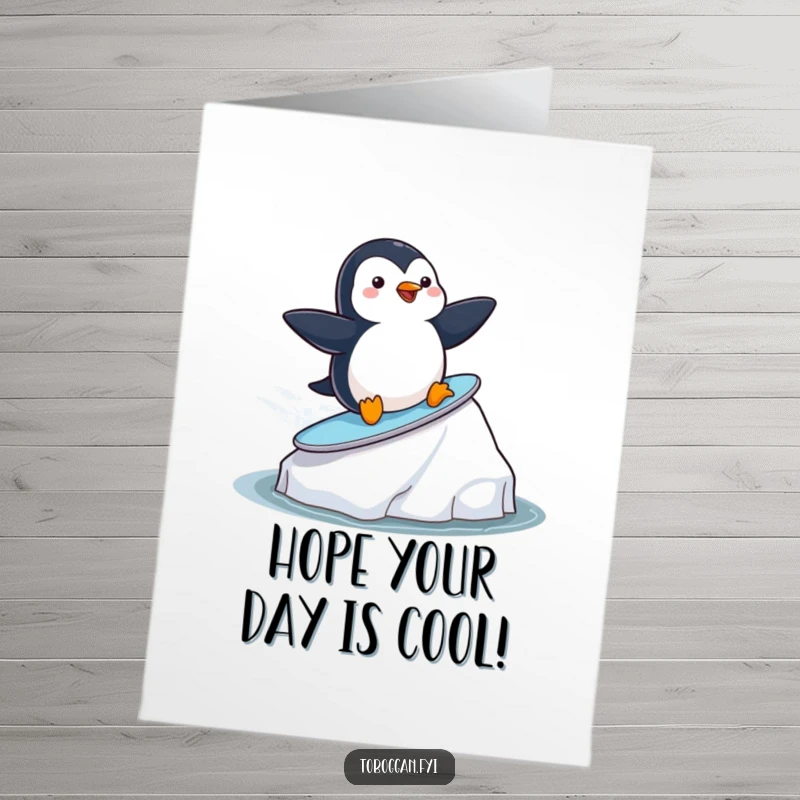 Funny Free Printable Penguin Birthday Card: A playful penguin gleefully surfs on an iceberg, ready to party.