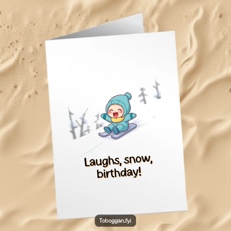 Funny free printable birthday card showing a character laughing heartily while sliding fast down a snowy slope.