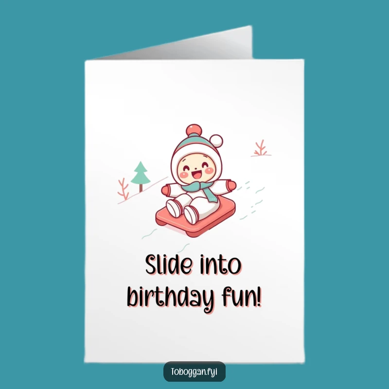 Free Printable Birthday Card: Tobogganing Character Funny Winter Downloadable