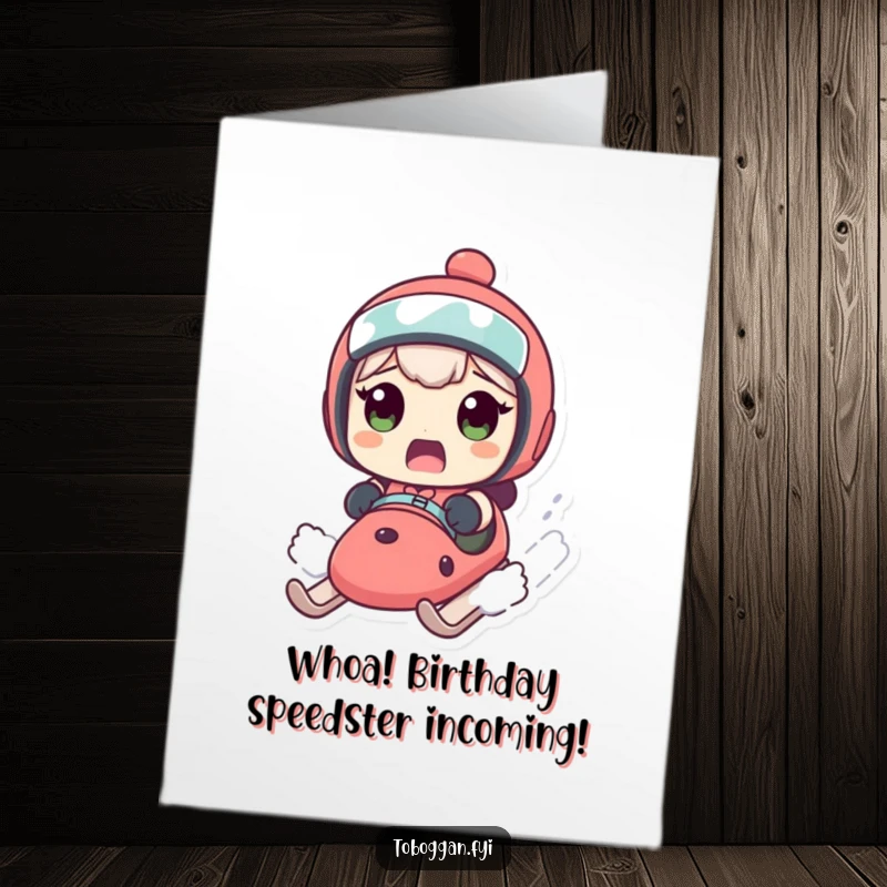 Funny free printable birthday card featuring a character looking shocked as their sled accelerates downhill, spreading birthday cheer.