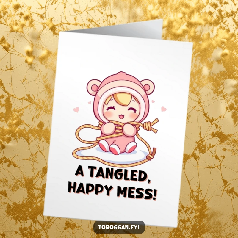 Funny free printable congratulations card showing a character comically tangled in their own sled rope.