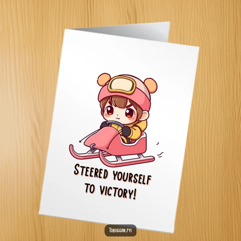Funny free printable congratulations card of a character steering a sled with exaggerated concentration.