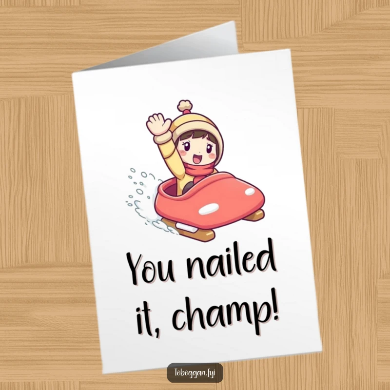 Funny Free Printable Congratulations Card showing a character speeding downhill on a toboggan, celebrating a win.