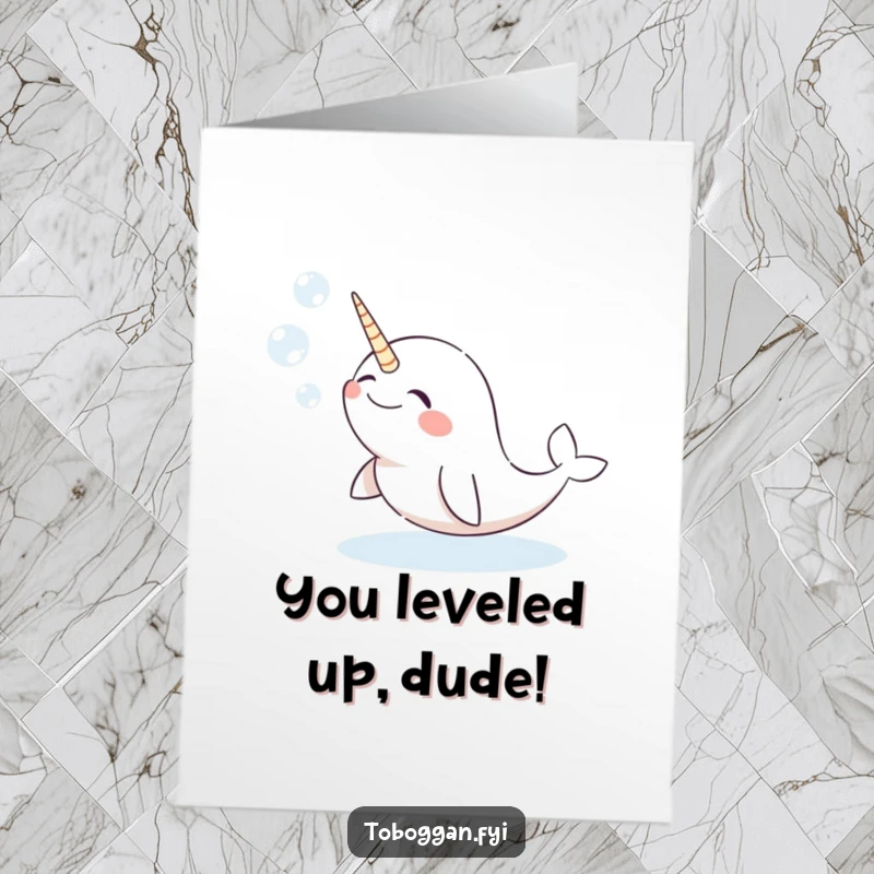 Funny Free Printable Congratulations Card: Giggling narwhal comically blowing bubbles in a snowy landscape, perfect for celebrating achievements.