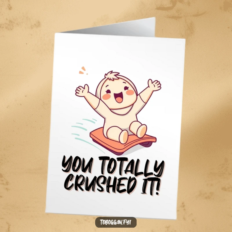 Funny Free Printable Congratulations Card showing a cute character cheering while sliding downhill, perfect for celebrating achievements.