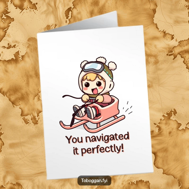 Funny Free Printable Congratulations Card: A character hilariously losing control of a sled with exaggerated, flailing movements. Congrats!