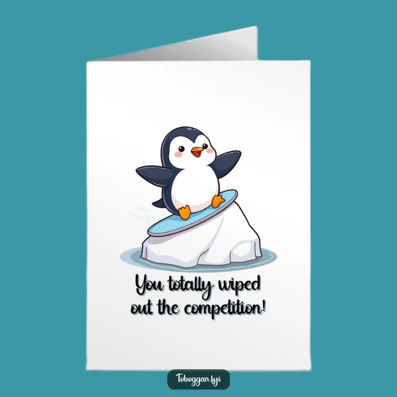 Free Printable Surfing Penguin Congrats Card: Funny Downloadable Cool Achievement Greeting